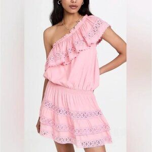 MELISSA ODABASH Debbie One Shoulder Ruffled Voile Mini Dress Baby Pink Sz Xs